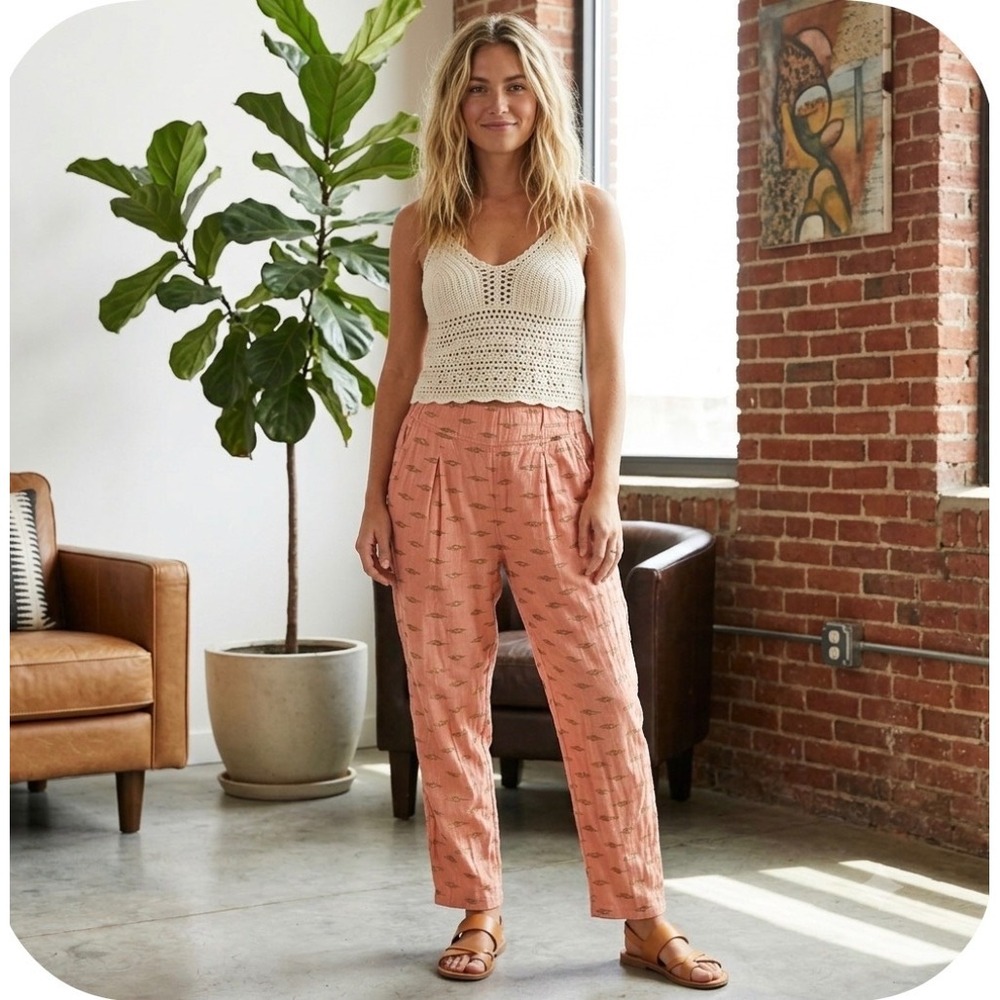 Free‎ People Tapered Pants Womens M Coral Pink Gold Metallic Ikat Linen Blend